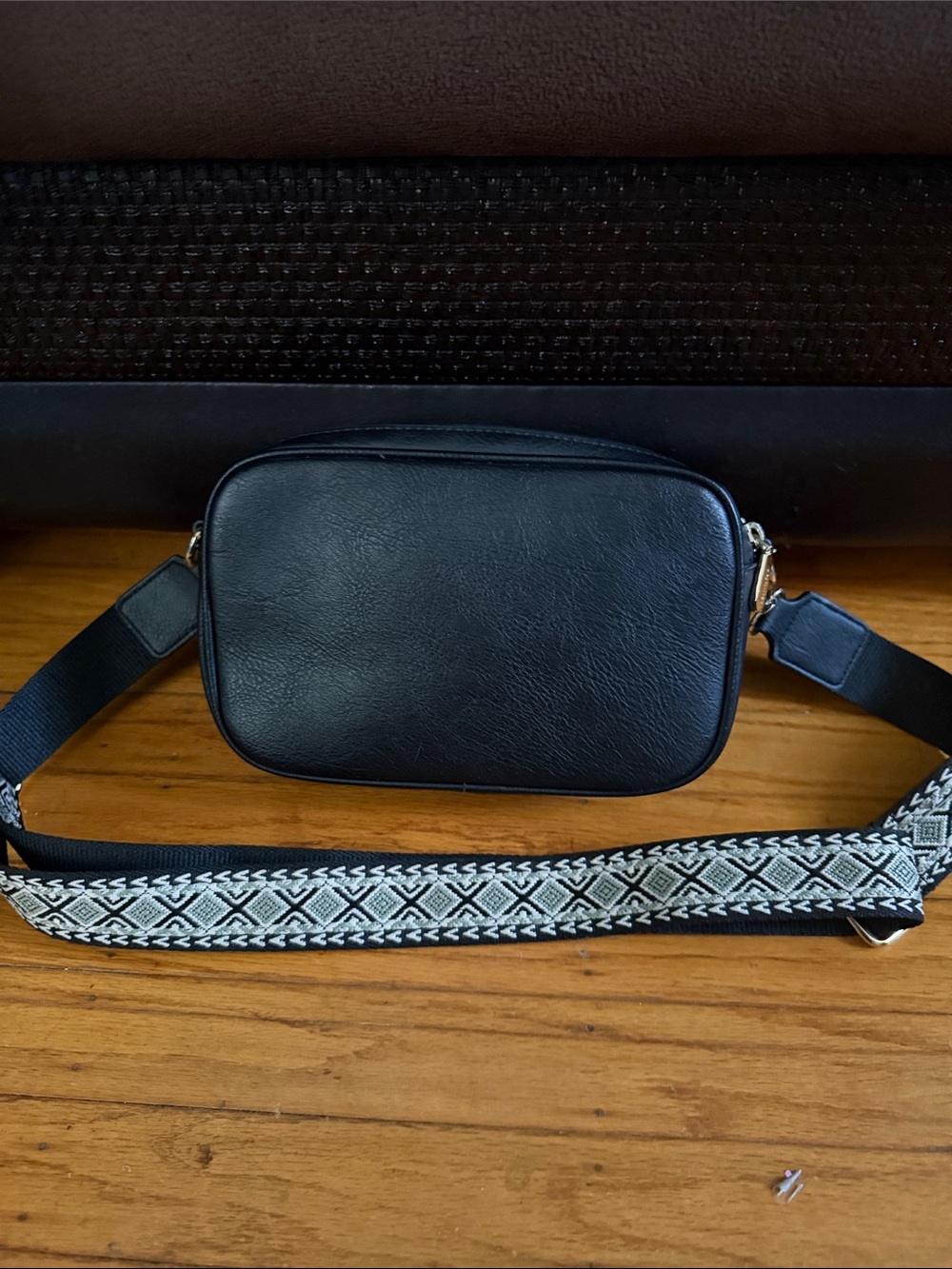 Black Women's Crossbody Camera Bag with Patterned Strap